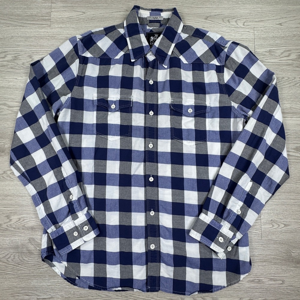 Express Mens Shirt Fitted Buffalo Plaid Blue White Large Long Sleeve Cotton